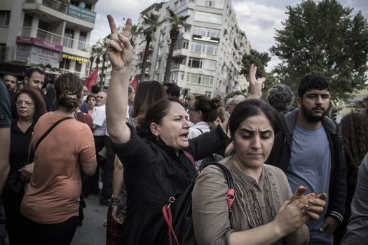 TURKEY, Izmir: Labor organizations and civil society organizations gathered in Izmir, Turkey on October 10, 2015 after explosions killed nearly 100 people in Ankara earlier in the day.Two bombs went off near the main train station in the city. According to officials the bombs went off at a peace rally killing 97 and injuring 400 more.These images show people at the rally demanding justice. Several people at the rally were taken into custody after clashing with police.