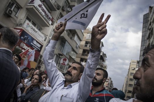 TURKEY, Izmir: Labor organizations and civil society organizations gathered in Izmir, Turkey on October 10, 2015 after explosions killed nearly 100 people in Ankara earlier in the day.Two bombs went off near the main train station in the city. According to officials the bombs went off at a peace rally killing 97 and injuring 400 more.These images show people at the rally demanding justice. Several people at the rally were taken into custody after clashing with police. 