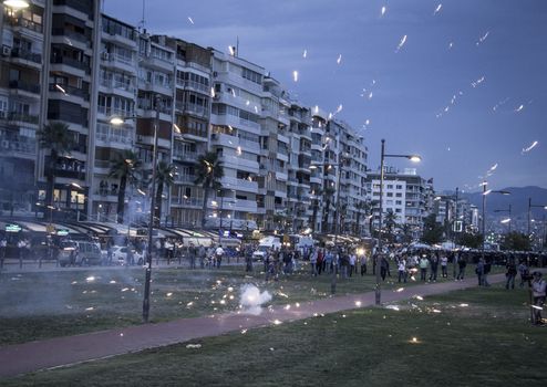TURKEY, Izmir: Police disburse demonstrators gathered in Izmir, Turkey on October 10, 2015 after a suicide bombing in Ankara earlier in the day.Two bombs went off near the main train station in the city. According to officials the bombs went off at a peace rally killing 97 and injuring 400 more.