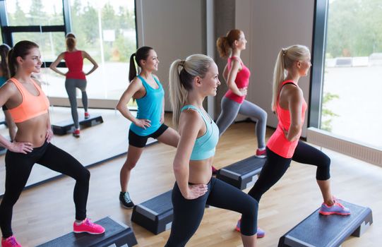 fitness, sport, training, gym and lifestyle concept - group of women working out with steppers in gym