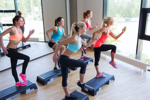 fitness, sport, training, gym and lifestyle concept - group of women working out with steppers in gym