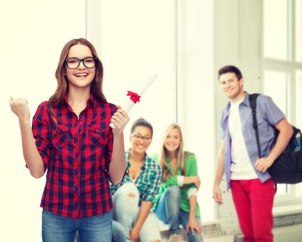 education concept - smiling female student in eyeglasses with diploma