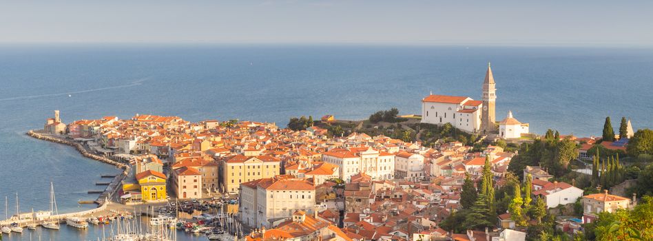 St. George's Parish Church in picturesque old town Piran, Slovenia. Senic panoramic view.