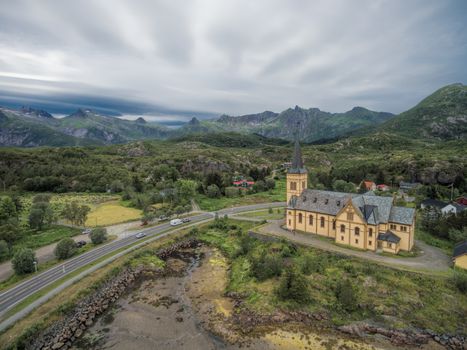 Vagan church also known as Lofoten cathedral in Norway. Aerial view