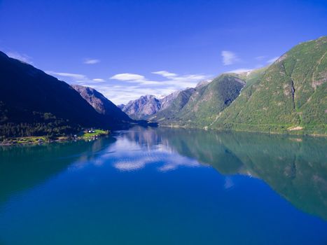 Scenic view of typical norwegian landscape - fjord Sognefjorden surrounded by mountains
