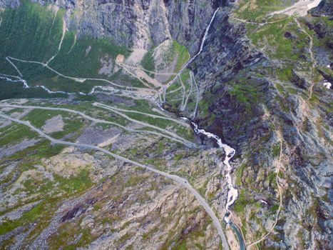 Aerial view of Trollstigen, serpentine mountain road in Norway, popular tourist attraction