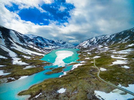 scenic aerial view of Gamle Strynefjellsvegen mountain pass in Norway
