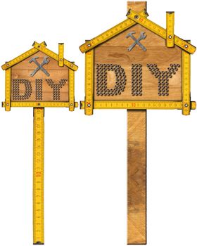 Two signs with wooden ruler in the shape of house and text Diy (Do it yourself). Isolated on white background