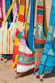 Decorative patchwork bags on a street market in Rajasthan, India, Asia