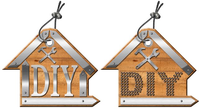 Two wooden and metallic labels in the shape of house with steel cable and text Diy (do it yourself). Isolated on white background