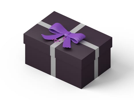 dark brown gift box with purple ribbon bow, isolated on white