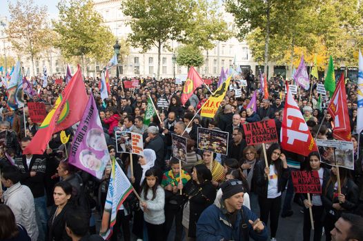 FRANCE, Paris : Hundreds of protesters gather in Place de la R�publique in Paris on October 11, 2015, for the second time after the terror attack in Ankara, in tribute to the victims of the twin explosion in Turkish capital city. On October 11, 2015, at least 95 people died after a twin explosion in the center of the capital city in Turkey. The Turkish government declared three days of mourning and said that it won't delay legislative elections expected for November 1st, 2015. 