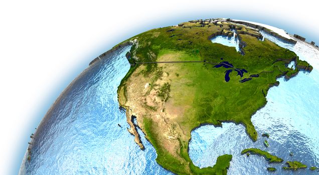 North America on planet Earth with embossed continents and country borders. Elements of this image furnished by NASA.