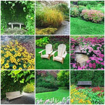 Gardens and blooming flowers. Collage of nine photos.