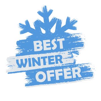 best winter  offer banner - text in blue and white drawn label with snowflake symbol, business seasonal shopping concept