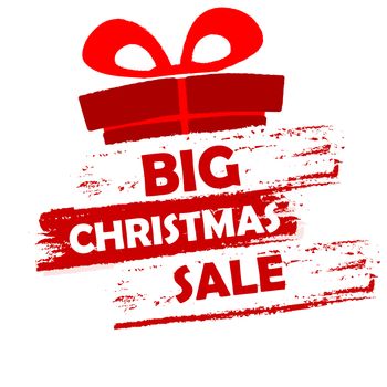 big christmas sale banner - text in red  and white drawn label with gift symbol, business seasonal shopping concept