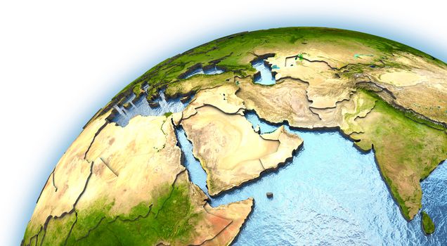 Middle East on planet Earth with embossed continents and country borders. Elements of this image furnished by NASA.