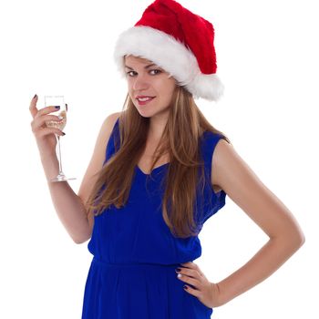 christmas woman beautiful smiling with glass of champagne santa's hat isolated on white background