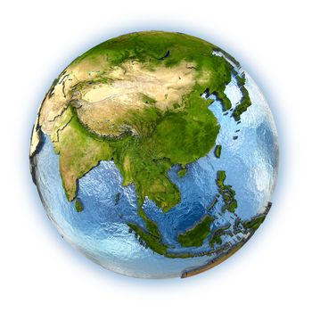Planet Earth with embossed continents and country borders. southeast Asia. Isolated on white background. Elements of this image furnished by NASA.