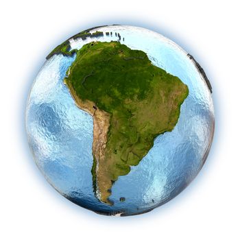 Planet Earth with embossed continents and country borders. South America. Isolated on white background. Elements of this image furnished by NASA.