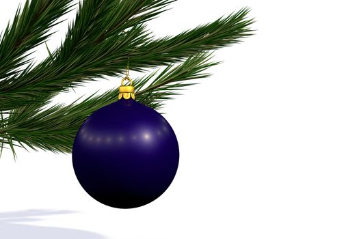 blue Christmas decoration ball on Christmas tree branch isolated on white
