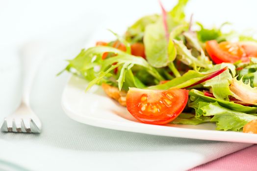 Fresh Salad with tomatoes on white plate and fork next to it