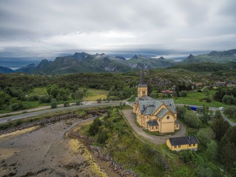 Aerial view of Lofoten cathedral in Norway, popular tourist destination