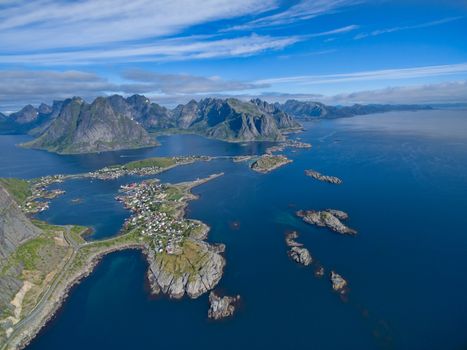Scenic aerial view of fishing village Reine on Lofoten islands in Norway