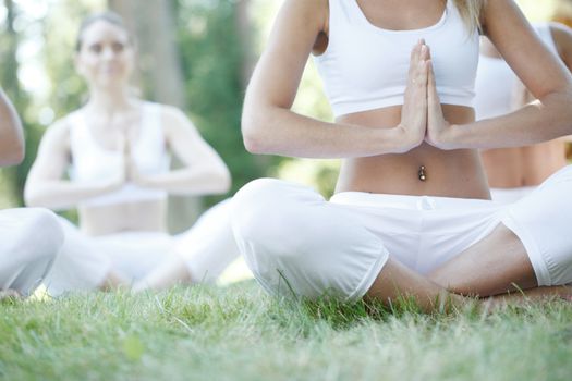 Women sitting in lotus position during yoga training at park