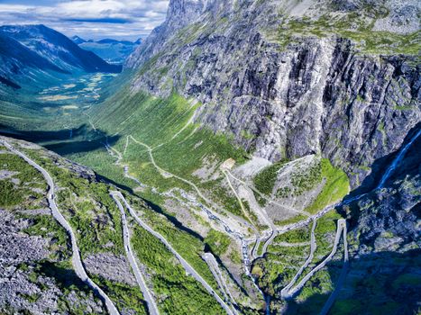 Famous serpentine mountain road Trollstigen in Norway, aerial view