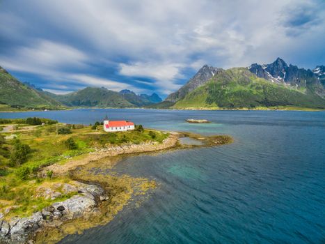 Picturesque Sildpollnes Church on Lofoten islands in Norway, aerial view