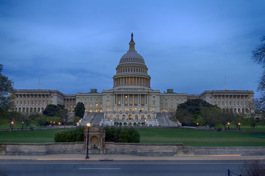 The United States Capitol Building at dusk in Washington D.C.