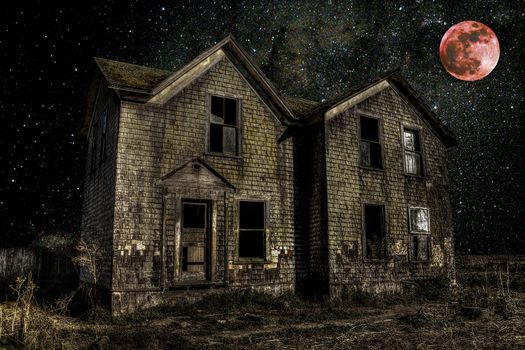 Haunted House with Blood Moon, Color Image, Night