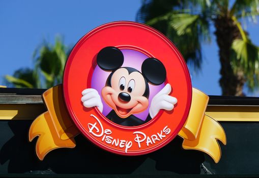 ANAHEIM, CA/USA - OCTOBER 10, 2015: Mickey Mouse on sign at Downtown Disney. Downtown Disney is the name of an outdoor shopping, dining, and entertainment complex next to Disneyland.