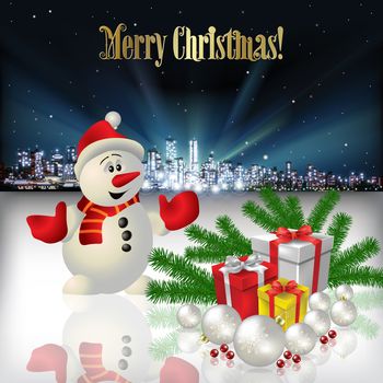 Abstract Christmas vector illustration with silhouette of city snowman and gifts