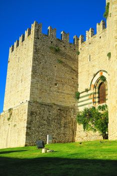 Views of medieval towers of the Emperor's Castle,a fortress with crenellated walls and towers. Built in Prato, Italy, for the medieval emperor and King of Sicily Frederick II, Holy Roman Emperor.It was built between 1237 and 1247 by Riccardo da Lentini.