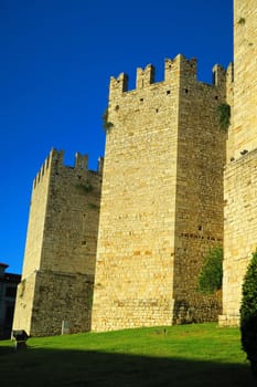 Views of medieval towers of the Emperor's Castle,a fortress with crenellated walls and towers. Built in Prato, Italy, for the medieval emperor and King of Sicily Frederick II, Holy Roman Emperor.It was built between 1237 and 1247 by Riccardo da Lentini.