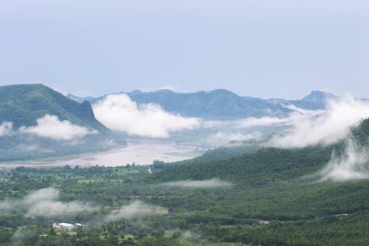 Fog and mountains under the river