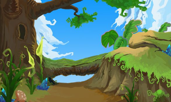Illustration: The Ancient Forest - The Path out. Realistic / Cartoon Style. Fantastic Topic. Scene / Wallpaper / Background Design.