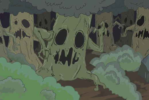Illustration: The Ghost Forest. Realistic / Cartoon Style. Fantastic Topic. Scene / Wallpaper / Background Design.