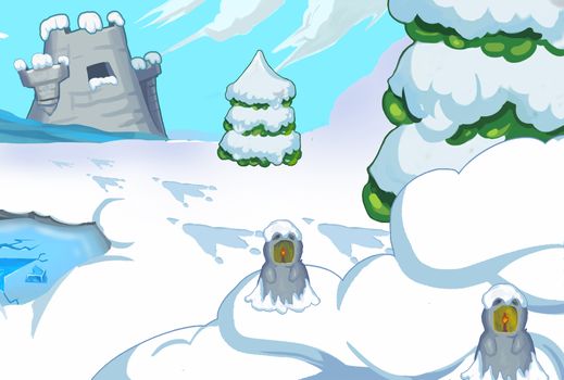 Illustration: The Snow Outpost. Realistic / Cartoon Style. Fantastic Topic. Scene / Wallpaper / Background Design.