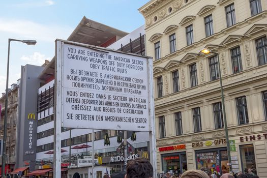 Berlin, Germany - October 26, 2013: Checkpoint Charlie streetview - it was the most famous crossing point between East and West Germany during the cold war.