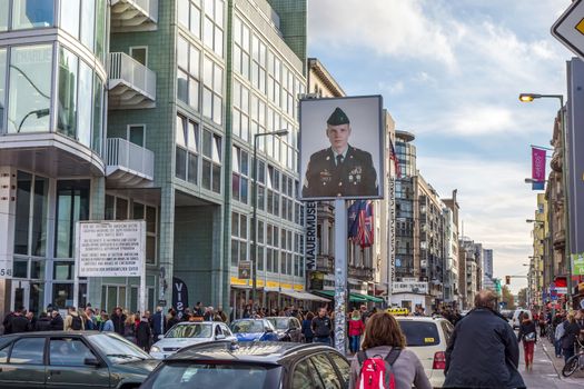 Berlin, Germany - October 26, 2013: Checkpoint Charlie streetview - it was the most famous crossing point between East and West Germany during the cold war.