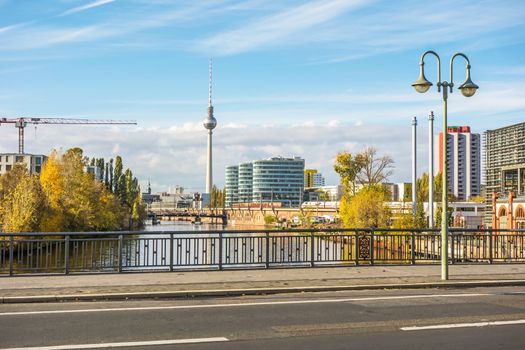Berlin, Germany - October 26, 2013: Berlin skyline with TV Tower at day in autumn - view from bridge Schillingbruecke.