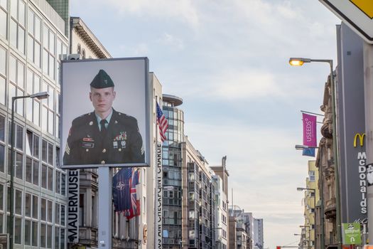 Berlin, Germany - October 26, 2013: Checkpoint Charlie streetview - it was the most famous crossing point between East and West Germany during the cold war.