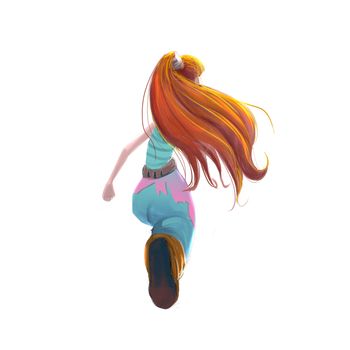 Illustration: The girl running, an extraordinary female who has great courage. She has a dog. Her friend was exiled to a prison planet. Realistic / Cartoon Style. Leading Role / Main Character Design.