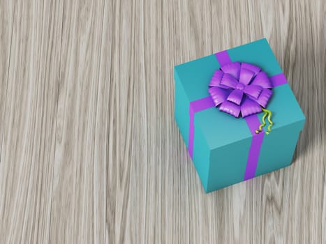 blue gift box with pink ribbon bow, on wooden background