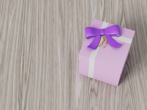 pink gift box with purple ribbon bow, on wooden background