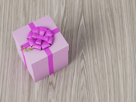 pink gift box with pink ribbon bow, on wooden background