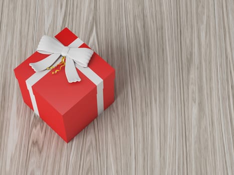 red gift box with white ribbon bow, on wooden background